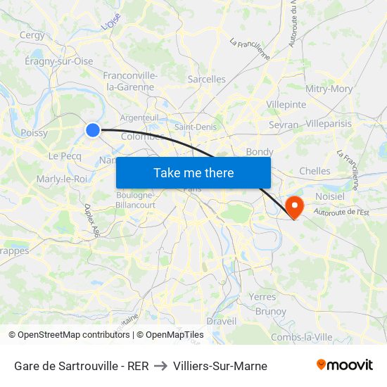 Gare de Sartrouville - RER to Villiers-Sur-Marne map