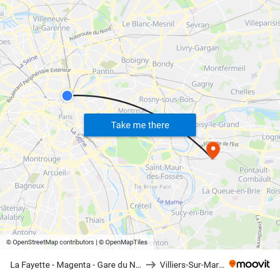 La Fayette - Magenta - Gare du Nord to Villiers-Sur-Marne map