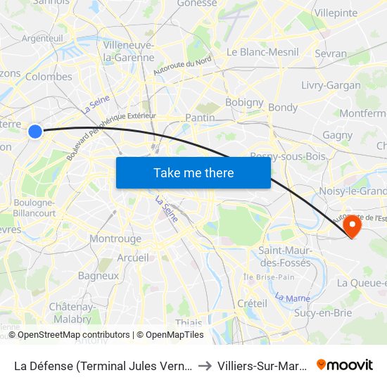 La Défense (Terminal Jules Verne) to Villiers-Sur-Marne map