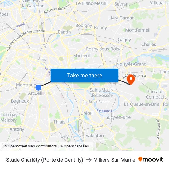 Stade Charléty (Porte de Gentilly) to Villiers-Sur-Marne map