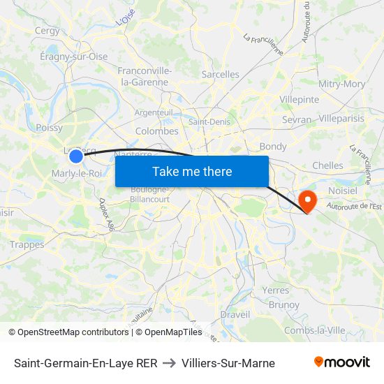Saint-Germain-En-Laye RER to Villiers-Sur-Marne map