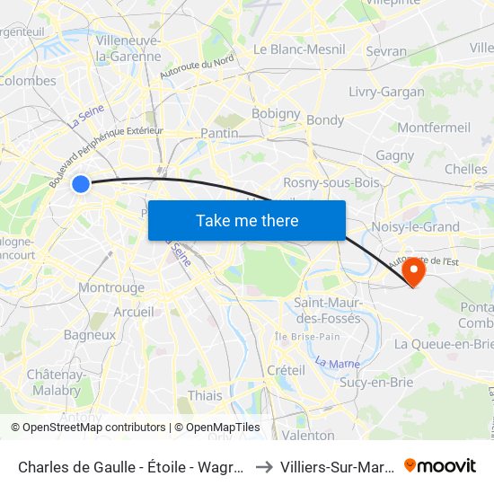 Charles de Gaulle - Étoile - Wagram to Villiers-Sur-Marne map