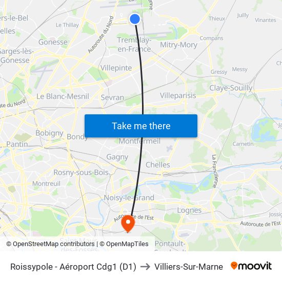 Roissypole - Aéroport Cdg1 (D1) to Villiers-Sur-Marne map