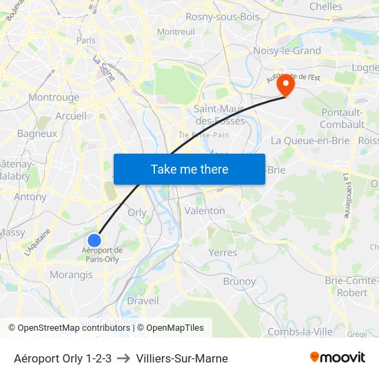 Aéroport Orly 1-2-3 to Villiers-Sur-Marne map
