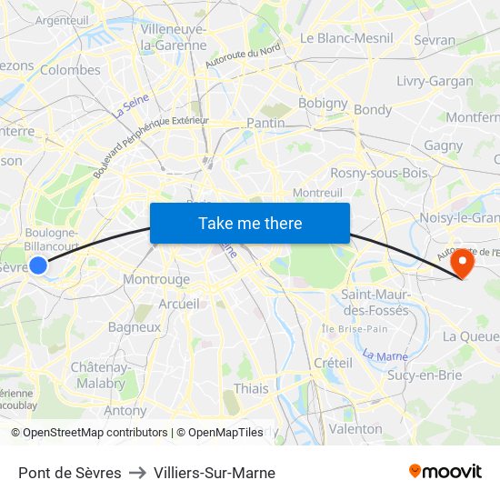 Pont de Sèvres to Villiers-Sur-Marne map