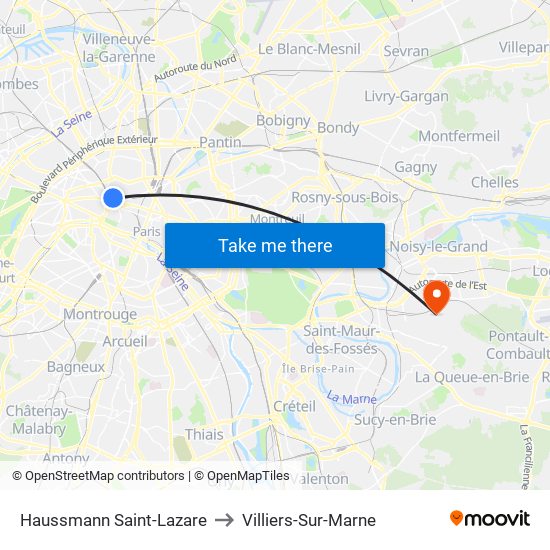 Haussmann Saint-Lazare to Villiers-Sur-Marne map