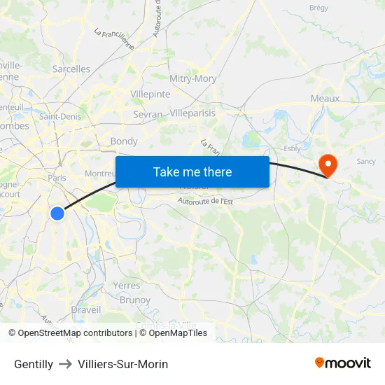 Gentilly to Villiers-Sur-Morin map
