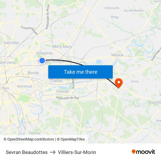 Sevran Beaudottes to Villiers-Sur-Morin map
