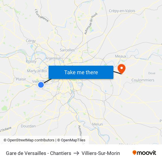 Gare de Versailles - Chantiers to Villiers-Sur-Morin map