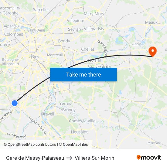 Gare de Massy-Palaiseau to Villiers-Sur-Morin map