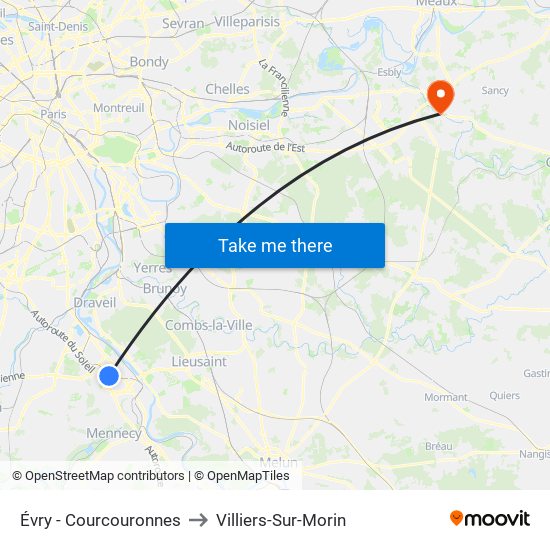 Évry - Courcouronnes to Villiers-Sur-Morin map