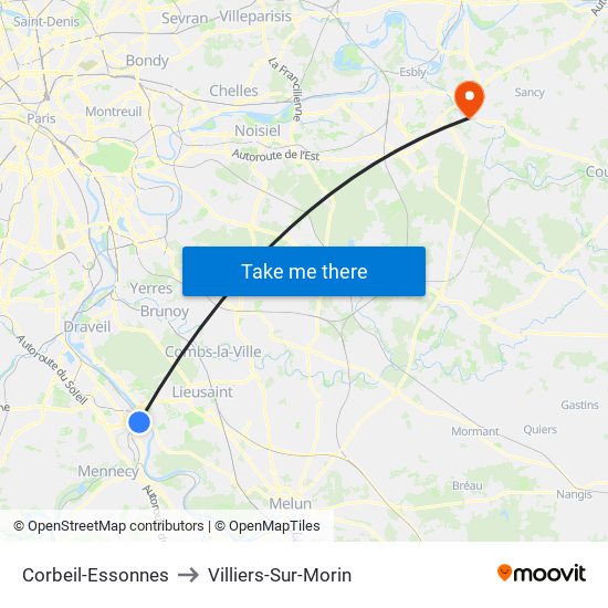 Corbeil-Essonnes to Villiers-Sur-Morin map