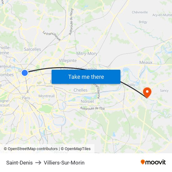 Saint-Denis to Villiers-Sur-Morin map