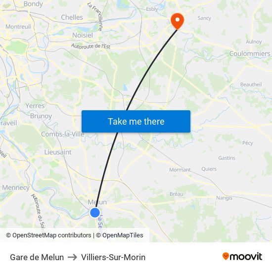 Gare de Melun to Villiers-Sur-Morin map