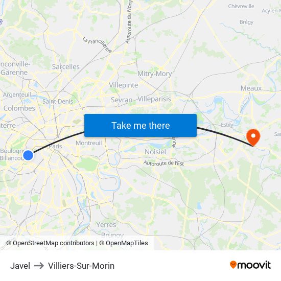 Javel to Villiers-Sur-Morin map