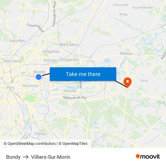 Bondy to Villiers-Sur-Morin map