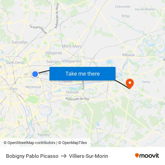 Bobigny Pablo Picasso to Villiers-Sur-Morin map