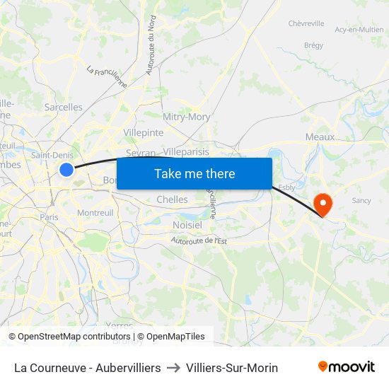 La Courneuve - Aubervilliers to Villiers-Sur-Morin map