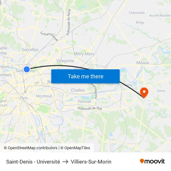 Saint-Denis - Université to Villiers-Sur-Morin map