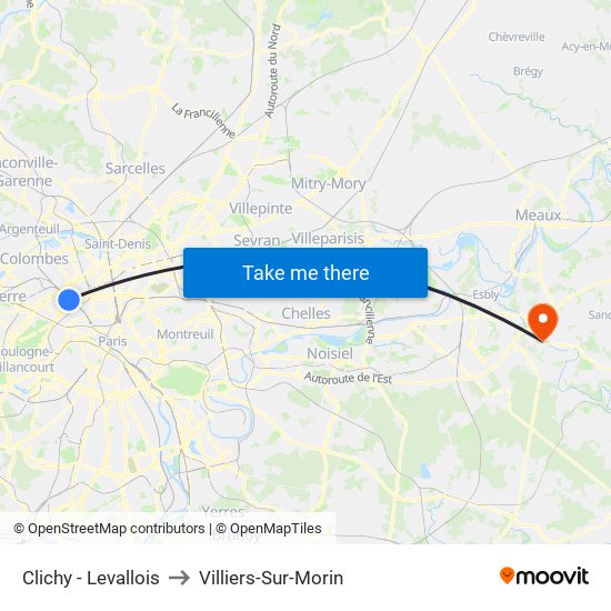 Clichy - Levallois to Villiers-Sur-Morin map