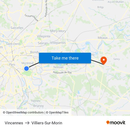 Vincennes to Villiers-Sur-Morin map