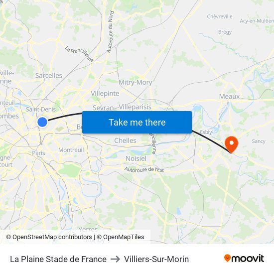 La Plaine Stade de France to Villiers-Sur-Morin map