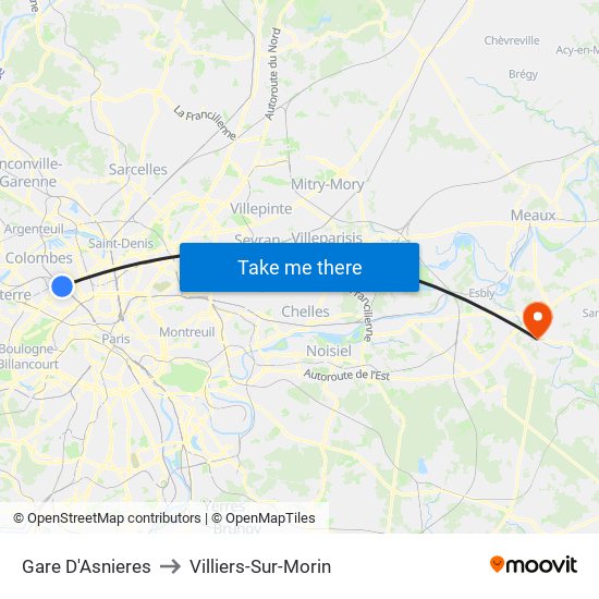 Gare D'Asnieres to Villiers-Sur-Morin map