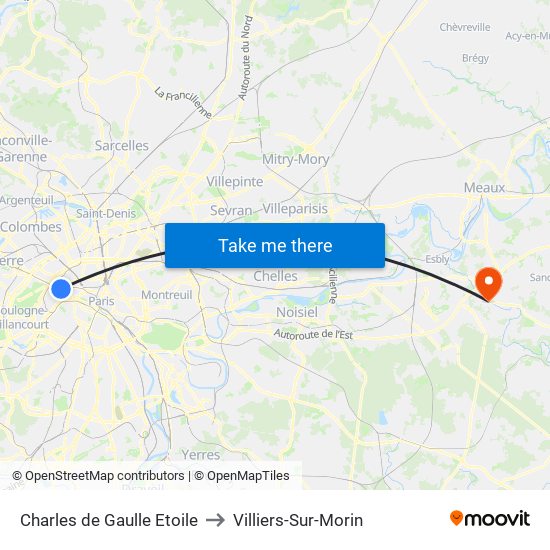 Charles de Gaulle Etoile to Villiers-Sur-Morin map