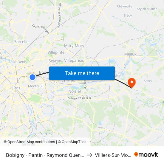 Bobigny - Pantin - Raymond Queneau to Villiers-Sur-Morin map