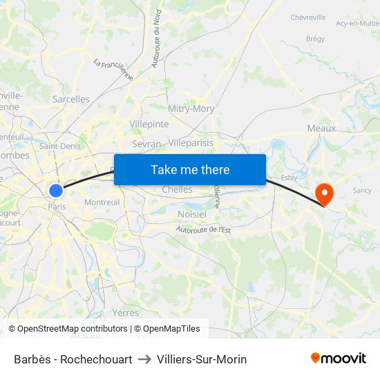 Barbès - Rochechouart to Villiers-Sur-Morin map