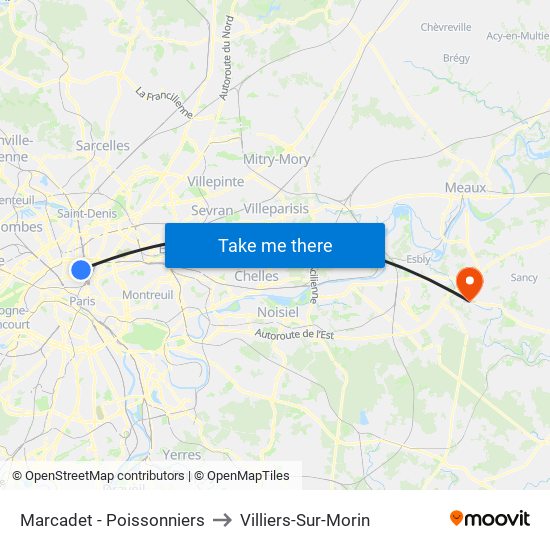 Marcadet - Poissonniers to Villiers-Sur-Morin map