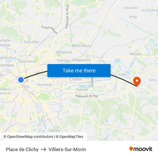 Place de Clichy to Villiers-Sur-Morin map