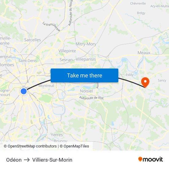 Odéon to Villiers-Sur-Morin map