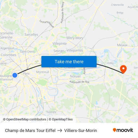 Champ de Mars Tour Eiffel to Villiers-Sur-Morin map