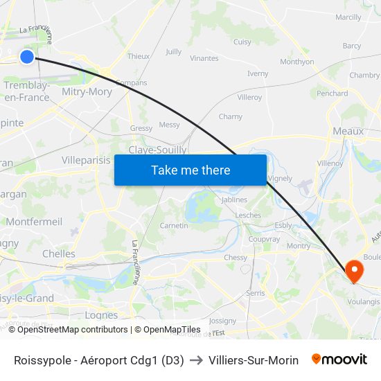 Roissypole - Aéroport Cdg1 (D3) to Villiers-Sur-Morin map