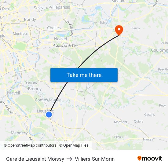 Gare de Lieusaint Moissy to Villiers-Sur-Morin map