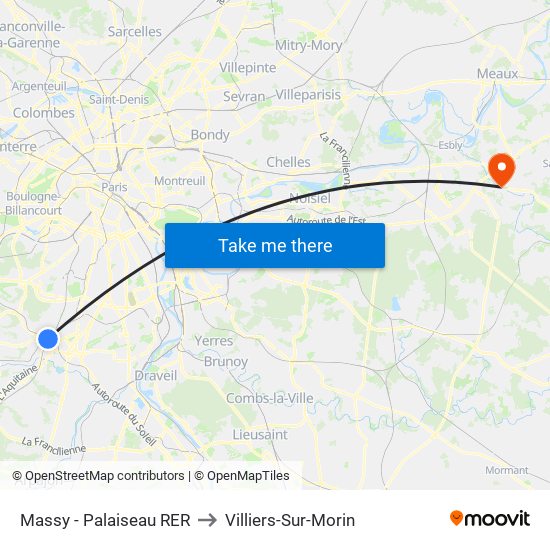 Massy - Palaiseau RER to Villiers-Sur-Morin map