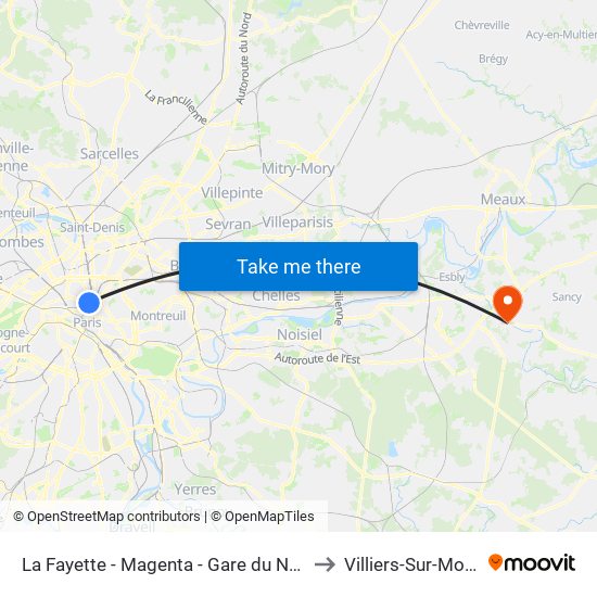 La Fayette - Magenta - Gare du Nord to Villiers-Sur-Morin map