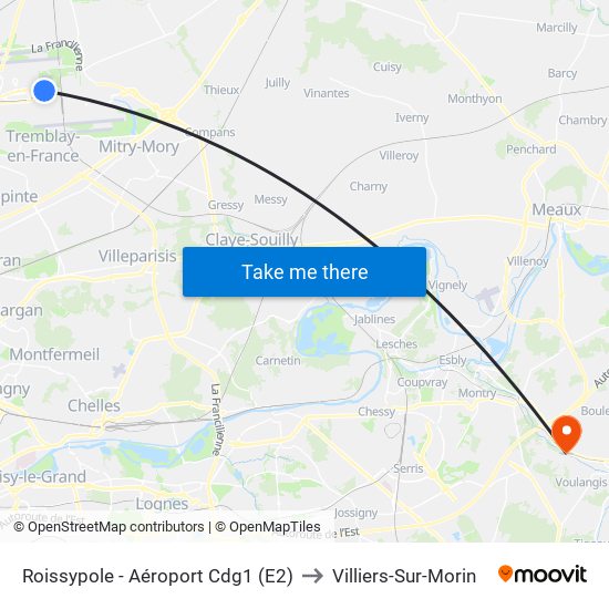 Roissypole - Aéroport Cdg1 (E2) to Villiers-Sur-Morin map