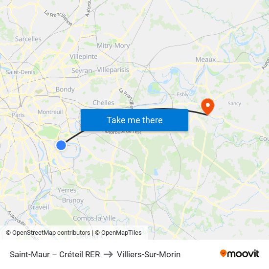 Saint-Maur – Créteil RER to Villiers-Sur-Morin map