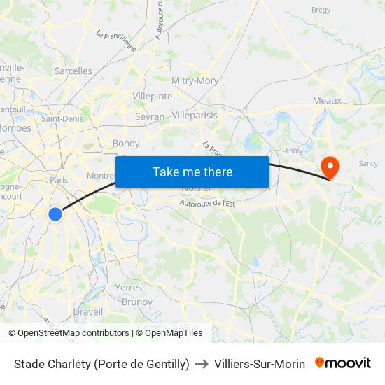 Stade Charléty (Porte de Gentilly) to Villiers-Sur-Morin map