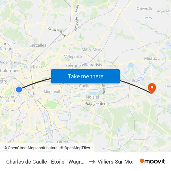 Charles de Gaulle - Étoile - Wagram to Villiers-Sur-Morin map