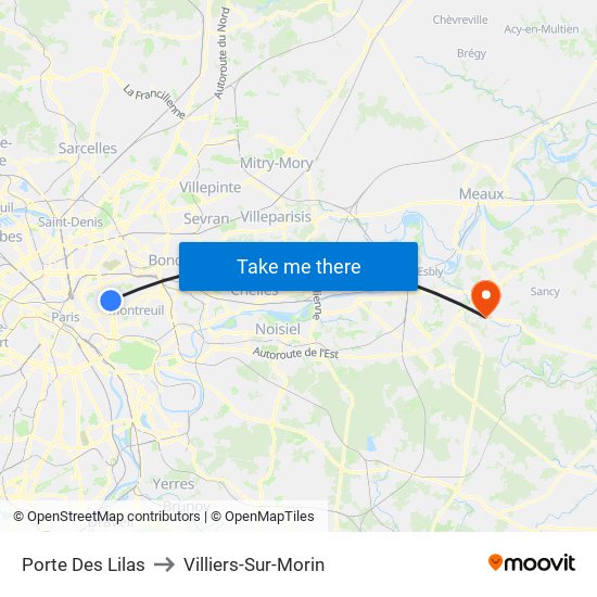 Porte Des Lilas to Villiers-Sur-Morin map