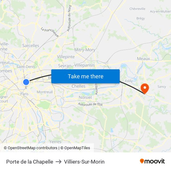 Porte de la Chapelle to Villiers-Sur-Morin map