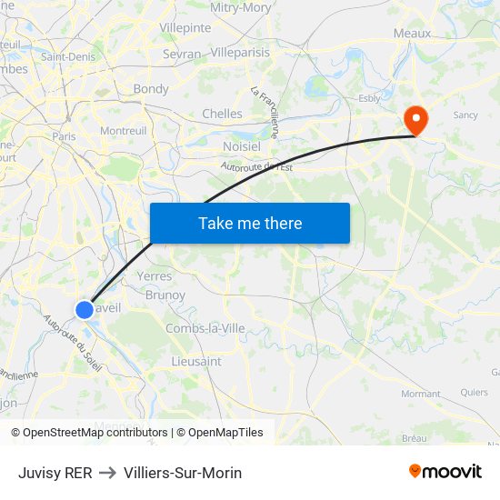 Juvisy RER to Villiers-Sur-Morin map