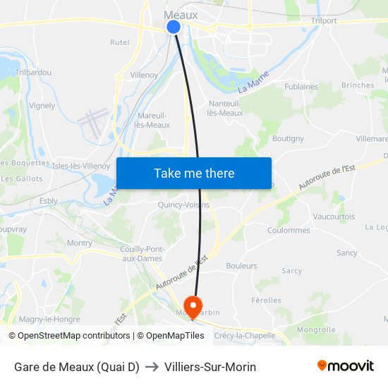 Gare de Meaux (Quai D) to Villiers-Sur-Morin map