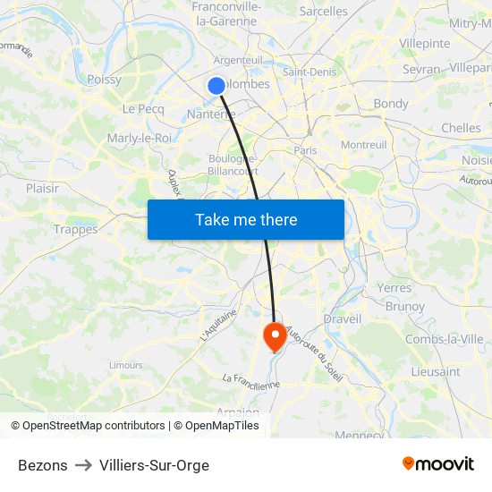 Bezons to Villiers-Sur-Orge map