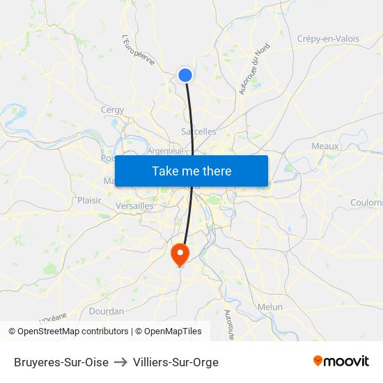 Bruyeres-Sur-Oise to Villiers-Sur-Orge map