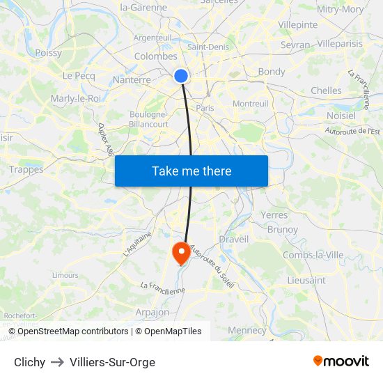 Clichy to Villiers-Sur-Orge map