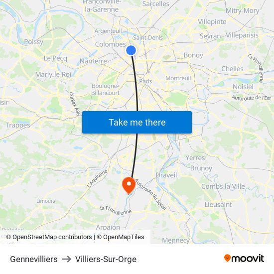 Gennevilliers to Villiers-Sur-Orge map